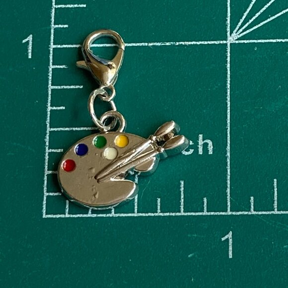 Art Palette Charm Clip On Zipper Pull Purse Bag Silver Tone Enamel Artist Gift - Picture 5 of 6